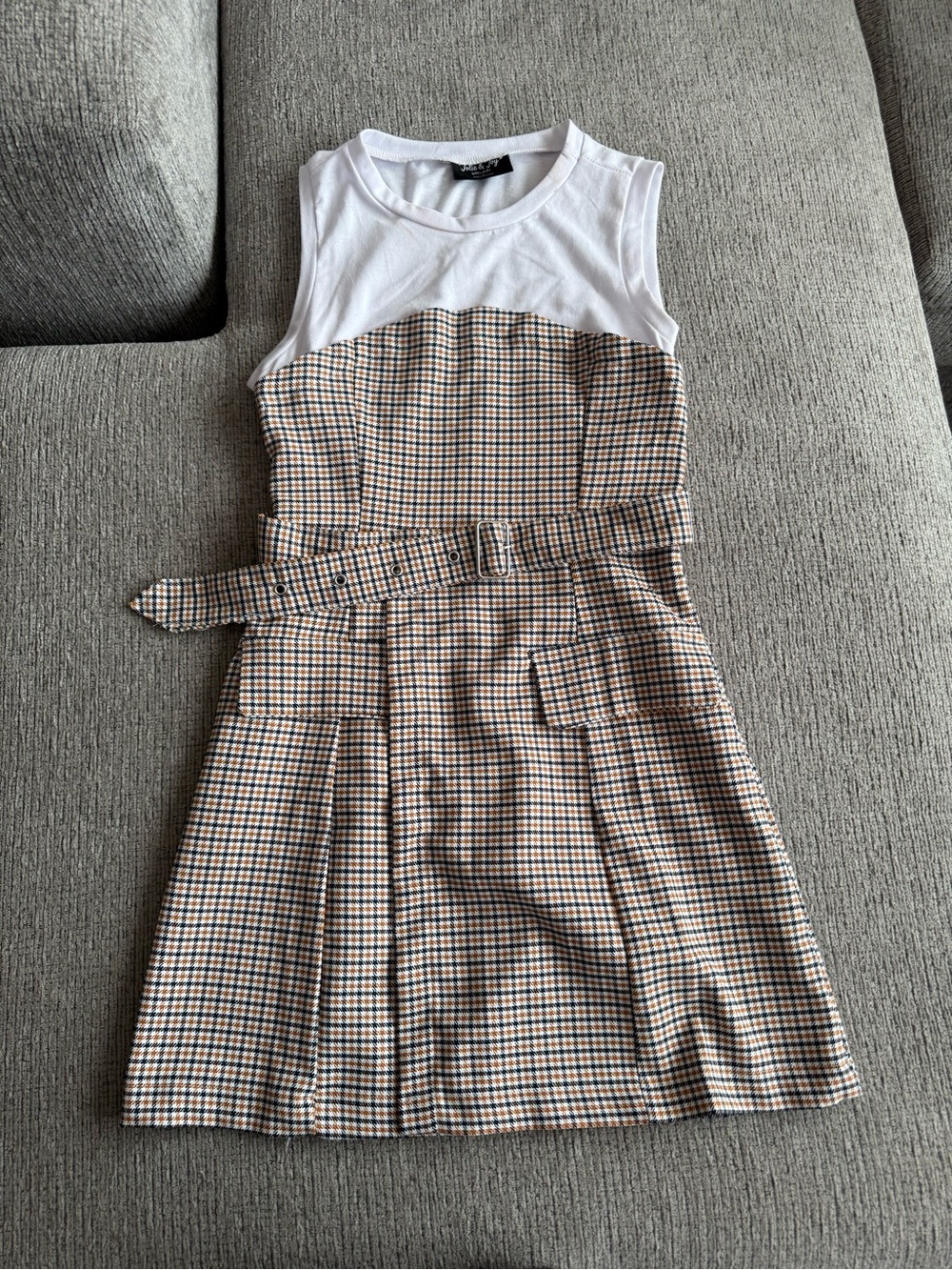 Sleeveless White Top Plaid Belted Kids Dress
